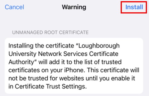 iOS Warning message - prompt to install option